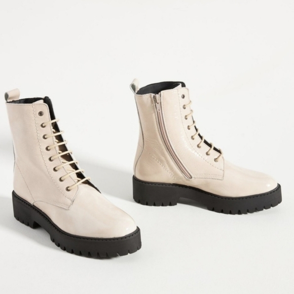 Maeve Patent Leather Combat Boots Lace Up Cream Size 37 US 6.5 - Picture 1 of 14